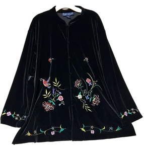 Susan Graver Para Mujer 3X Negro Terciopelo Pájaros Floral Bordado Delantero Trasero Elástico - Imagen 1 de 13