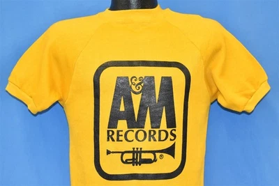 vtg 70s A&M RECORDS LOGO SHORT SLEEVE PULLOVER YELLOW DEADSTOCK SWEATSHIRT XS - Image 1 of 3