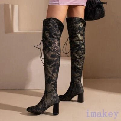 Botas retro para mujer de tela de mezclilla con tacón ancho sobre la rodilla de vaquero informales ropa de club nocturno Foto 1 de 4