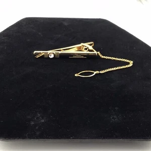Tie Clip Bar With Chain GoldT Men Accessories Rhinestone Beauty Sparkle - Picture 1 of 6
