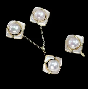 SET Natural 8.5mm white Pearl Earring 14K Gold Plated 925 Silver - Picture 1 of 3