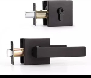2 Pack Square Heavy Duty Entry Door Handle Set with Single Keyed Deadbolt, Matte - Picture 1 of 5