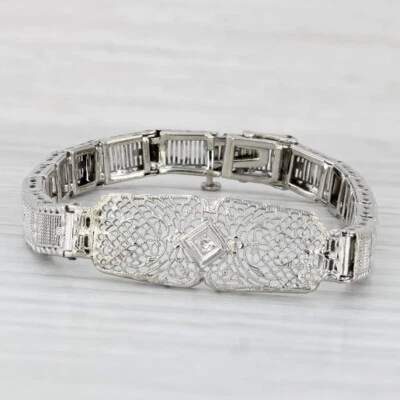 Vintage Filigree Diamond Bracelet 10k White Gold 6" - Image 1 of 4