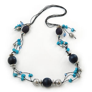 Long Turquoise Stone and Dark Blue Wooden Bead Necklace on Cotton Cord -