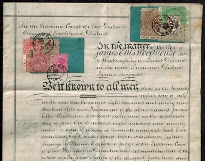 Fiscales postales QV de Nueva Zelanda en DOCUMENTO ORIGINAL con L35, L4 10S, 2S, 1S, 6d, 1d Foto 1 de 3