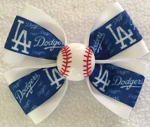 Girls Hair Bow 4" Wide Dodgers Baseball White/Blue Grosgrain Alligator Clip - Picture 1 of 2