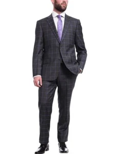 Mens Classic Fit Gray With Purple Windowpane Two Button Wool Suit - Picture 1 of 4