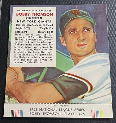 Red Man Tobacco Bobby Thomson Giants 1953 All Star de grado medio con pestaña - sin pliegues Foto 1 de 3