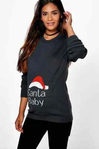 Maternity 'Santa Baby' Christmas Jumper Grey Blue Boohoo BNWT Size 8 - Picture 1 of 2