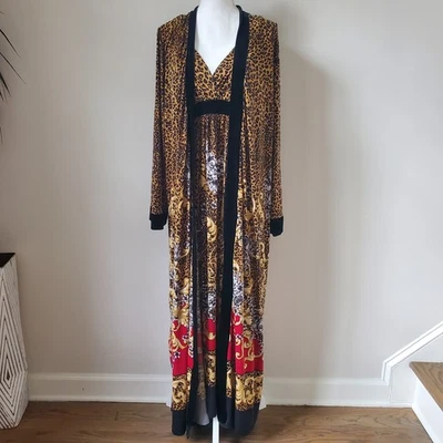 SOMA Cheetah Animal Exótico 2 Piezas Maxy Vestido Vestido y Bata Terciopelo Borde Talla L-XL Foto 1 de 4