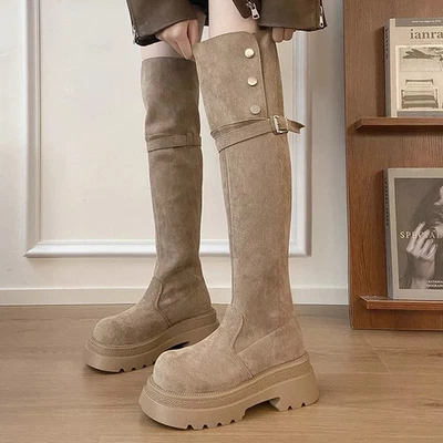 Stivali Alti Platform Suola Spessa Anfibi Moda Invernale Colore Cachi CF61267 - Immagine 1 di 3