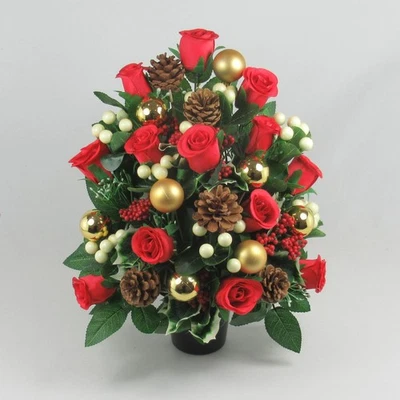 JUST BECAUSE FLOWERS Tall Christmas flatback grave flower arrangement artificial in weighted pot 36cm