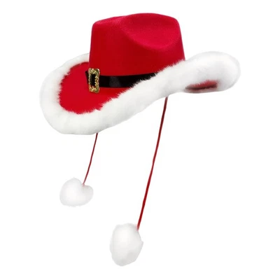 Santa Hat Pom-Poms Design Headwear White Plush Trim Cowboy Hat For Christmas  - Image 1 of 4