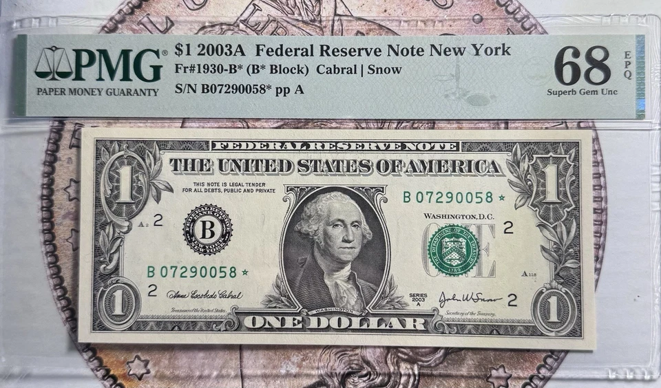 2003A One Dollar Star New York FRN PMG 68 -Top Pop Gem- - Image 1 of 4