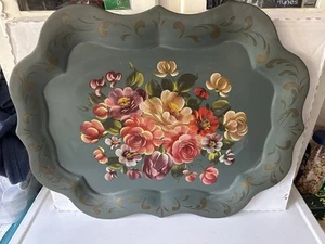 Vintage Large Toleware Tole Tray Hand Painted Flowers on Green Background Nashco - Picture 1 of 9