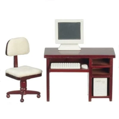 Dolls House Computer Mahogany Desk & Chair Miniature Study Office Furniture Set - Image 1 of 4