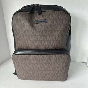 MICHAEL KORS EVERETT Front Pocket Brown MK Logo Black Leather Backpack NWT $348 - Picture 1 of 13