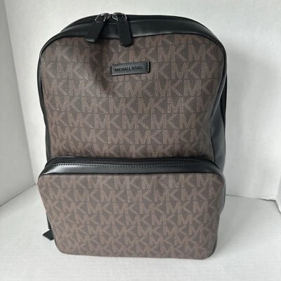 MICHAEL KORS EVERETT Front Pocket Brown MK Logo Black Leather Backpack NWT $348 - Image 1 of 4