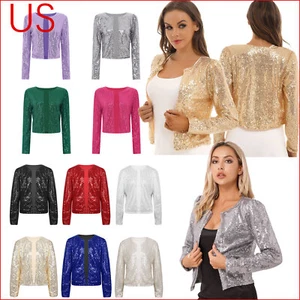 Womens Glitter Sequin Open Front Long Sleeve Cardigan Jacket Cropped Bomber - Picture 1 of 105