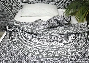 Twin Quilt Gray Ombre Reversible Mandala Blanket, 100% Cotton Filled Single Quil - Picture 1 of 8
