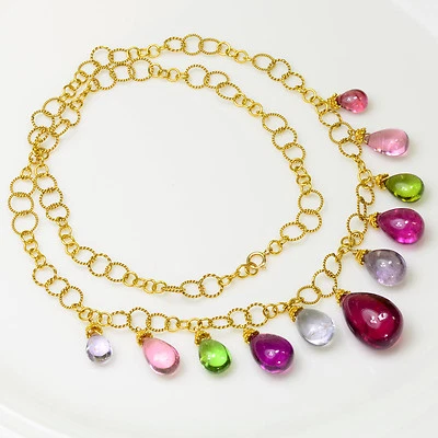 Old Mine Afghani Tourmaline Pear Plain Briolette 18K Solid Yellow Gold Necklace - Image 1 of 4