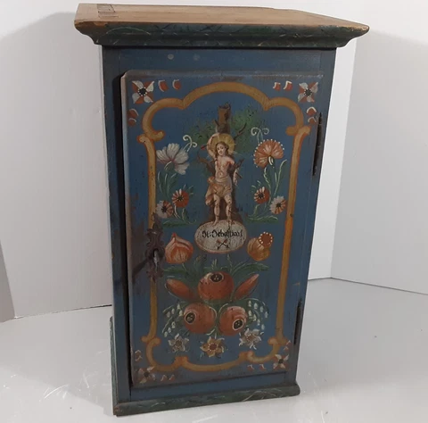 Antique Hand Painted "St. Sebastian" Wooden Cabinet Box Reliquary Cover