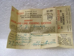 Schöner gebrauchter Ohio Angelschein von 1949 im Pin Back Halter - Bild 1 von 3