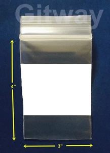 3" x 4" White Block Writeable Resealable Zip Top Lock Clear Plastic Bags 4miL - Picture 1 of 8