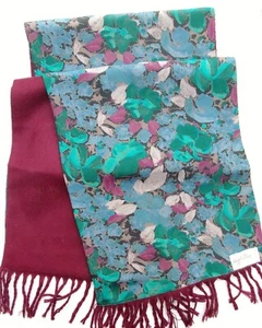 Vintage Long Formal Scarf Cravat Double Sided Satin & Woolly Blue Green Maroon - Picture 1 of 5