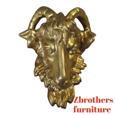 Vintage Brass Ormolu Rams Head Goat Hardware Pull Knob Handle dresser chest Cover