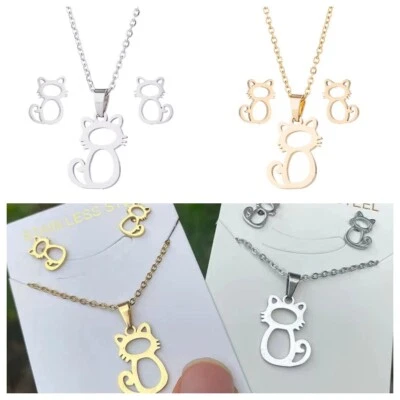 925 Placcato Argento Gatto Carino Animale Goccia Bastone Orecchini a Bottone - Immagine 1 di 4