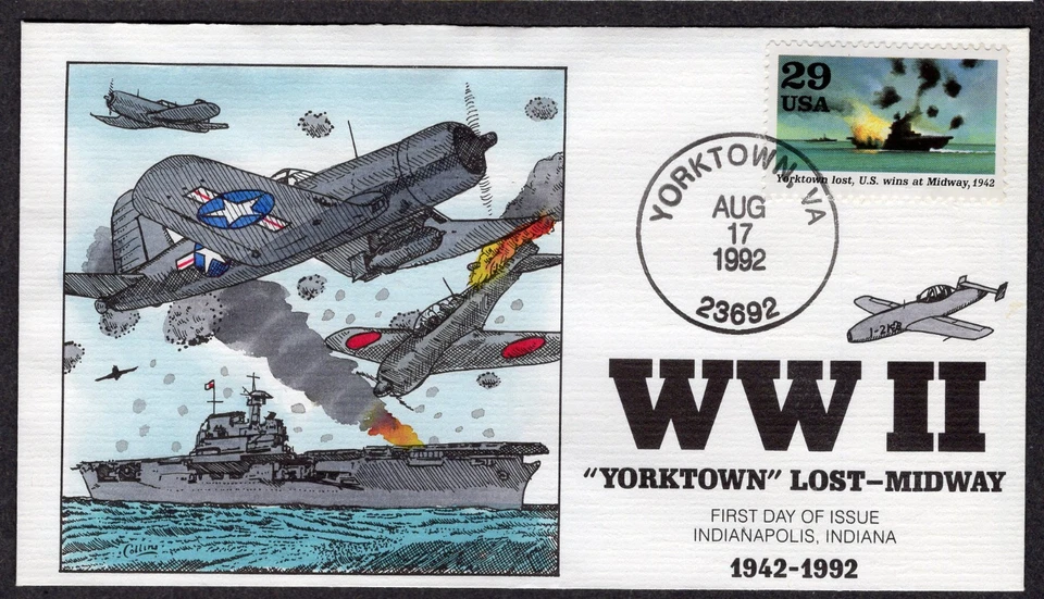 1992 WWII USS Yorktown Lost At Midway (2697g) - Collins Hand Painted FDC TD785 - Image 1 of 1