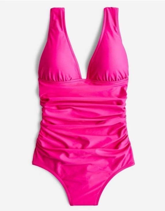 J.Crew Size 22 Ruched V-neck One-piece Swimsuit Radiant Fuchsia Pink BC116