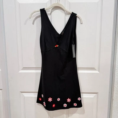 Delias Black Mini Dress V Neck Floral Embroidery Applique Red White Pink Size S - Image 1 of 4