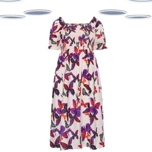 Ex Women's Plus Size Butterfly Print Shirred Midaxi Dress in Multi (Defect) - Picture 1 of 3