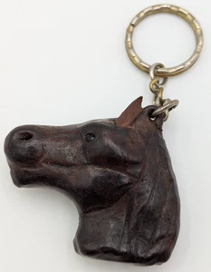 Vintage Handmade Horse Head Keychain Brown Genuine Leather Glass Eyes - Picture 1 of 5