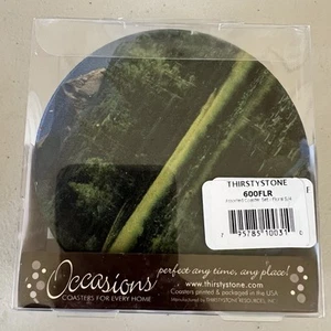 THIRSTYSTONE NATURAL SANDSTONE COASTERS CORK BACKING SET OF 4 Nature Scenes NEW - Picture 1 of 3