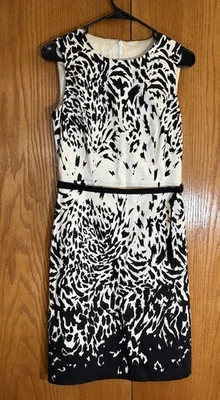 St. John Collection Dress Size 2 Black & White Belted Sheath Art Print Cocktail - Image 1 of 4