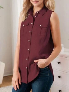 Womens Casual Cotton Shirts Sleeveless Collared Top Oversized Button Up Blouses - Picture 1 of 12