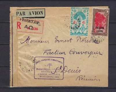 B&D: 1943 Madagascar regist'd censored cover Tamatave to Reunion w/great strikes - Image 1 of 2