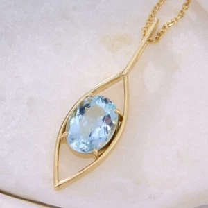 925 Silver Oval Aquamarine Lab Created Gemstone Pendant Gift For Anniversary - Picture 1 of 9