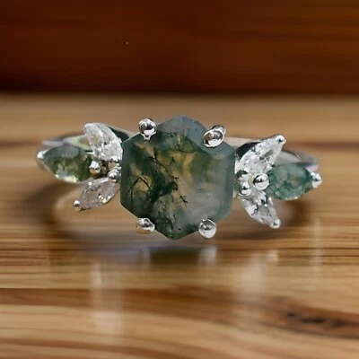 Hexagon Cut Moss Agate Ring 925 Sterling Silver Statement  Ring Bridal Ring - Image 1 of 4
