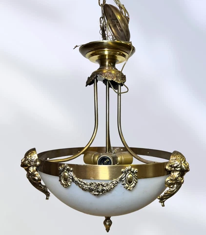 Vintage 3 Light Brass Art Nouveau chandelier Milk Glass bowl Shade Cherub 15.5”D Cover
