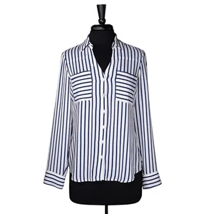 Express Portofino Blue White Striped Button Up Slim Fit Shirt Blouse Womens S - Picture 1 of 8