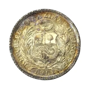 1912 F.G. Peru Silver 1/2 Dino Toned BU # - Picture 1 of 2