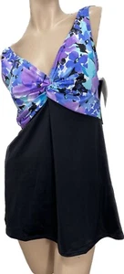 NWT ROXEANNE Swimsuit 14 38DD-Cup Blue Multi Floral Halter Black Skirted Bottom - Picture 1 of 11