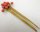 19TH CENT. VICTORIAN SALMON CORAL CABOCHON & HORN HAIR STICK PIN COMB ORNAMENT