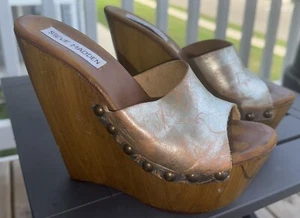 Steve Madden 37 6.5 Ultra High Wedge platform Wood Slip On Heel Metallic Silver - Picture 1 of 7