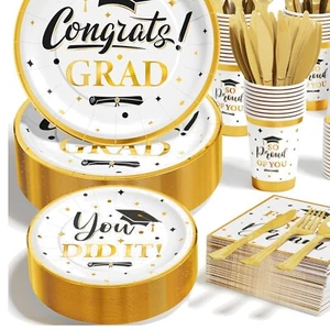 350PC Graduation Party Supplies Set for 50 - Elegant White & Gold Dinnerware - Picture 1 of 8