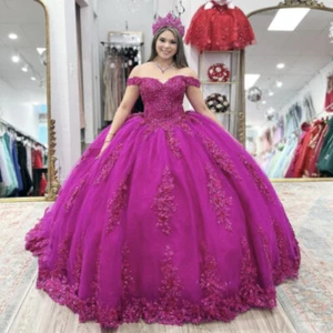 Lo último Vestidos Rosa Quinceañera Apliques Fuera del Hombro Sin Espalda Vestidos de Fiesta de Cumpleaños - Imagen 1 de 14